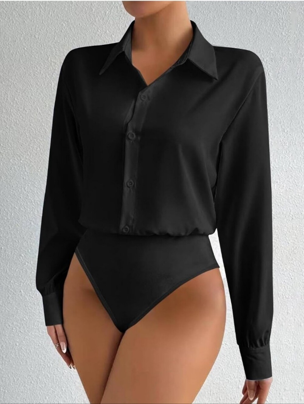 ​Silvian Heach Black Button Down Shirt Bodysuit Long Sleeve Thong Snap Women's S